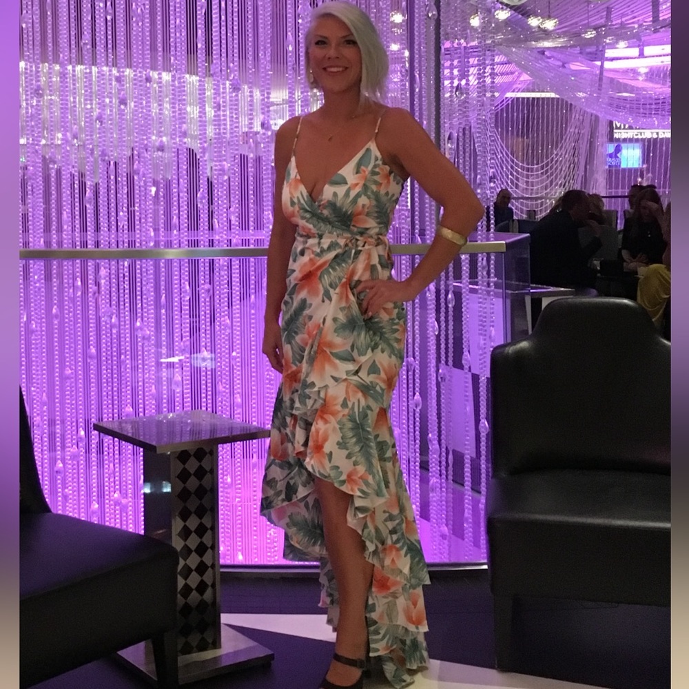 Lily Tropical Hibiscus Print Satin High-Low Dress with train